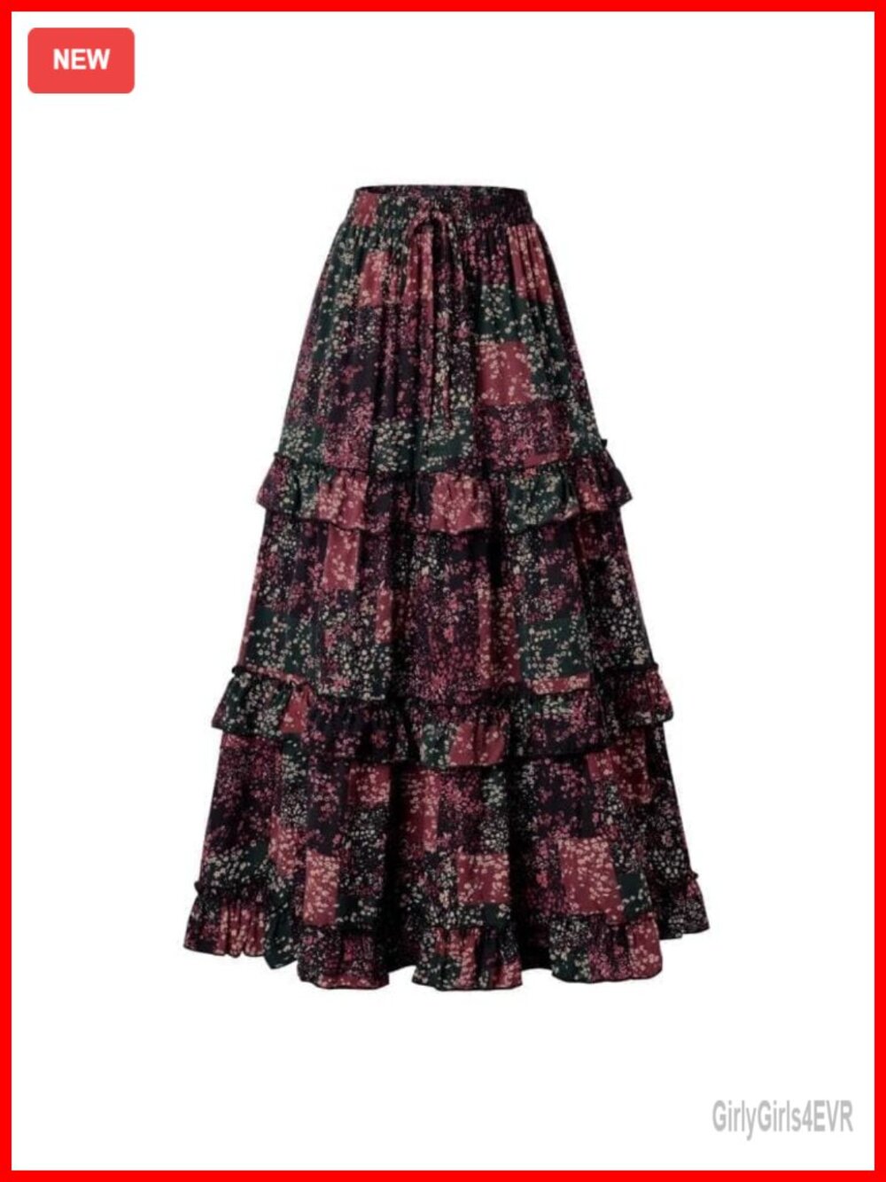 Boho Floral Tiered Maxi Skirt High Waist A-Line Ankle Length